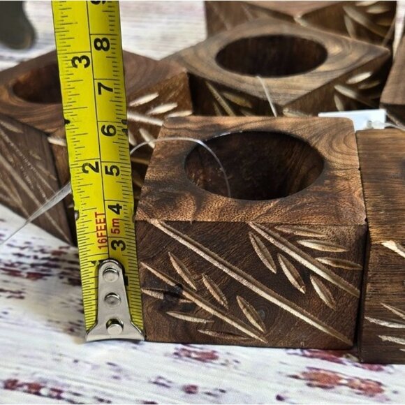 NWT Rustic Square Napkin Rings Bamboo carved real wood Boho Natural 8pc set - Picture 8 of 9
